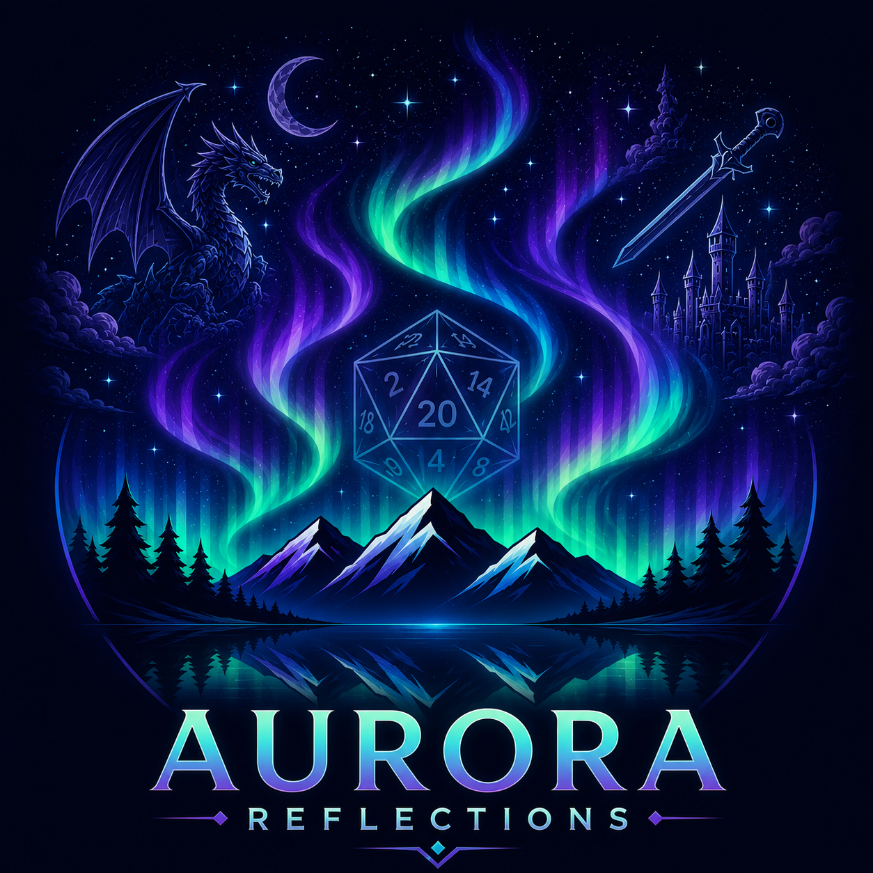 Aurora: Reflections — a dragon, a castle, and a twenty-sided die beneath an aurora